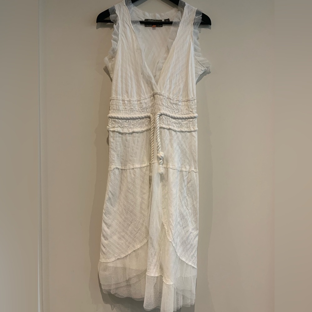 Beautiful Boho White Lace Trim Dress with Rope Tie Waist, Size 6
